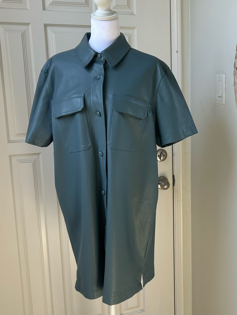 7 For All Mankind Vegan Leather Shirt Dress Blue Gray L